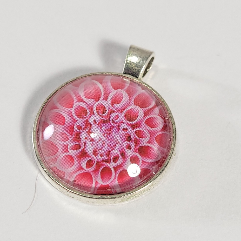 Pink Dahlia Flower Pendant Silver Tone Glass Cabochon Floral Charm Jewelry